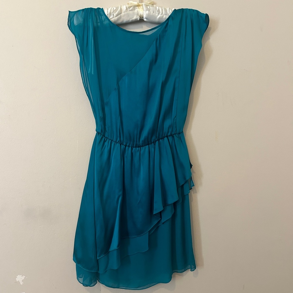 Alice+Olivia Teal Chiffon Satin Mini Ruffle Dress